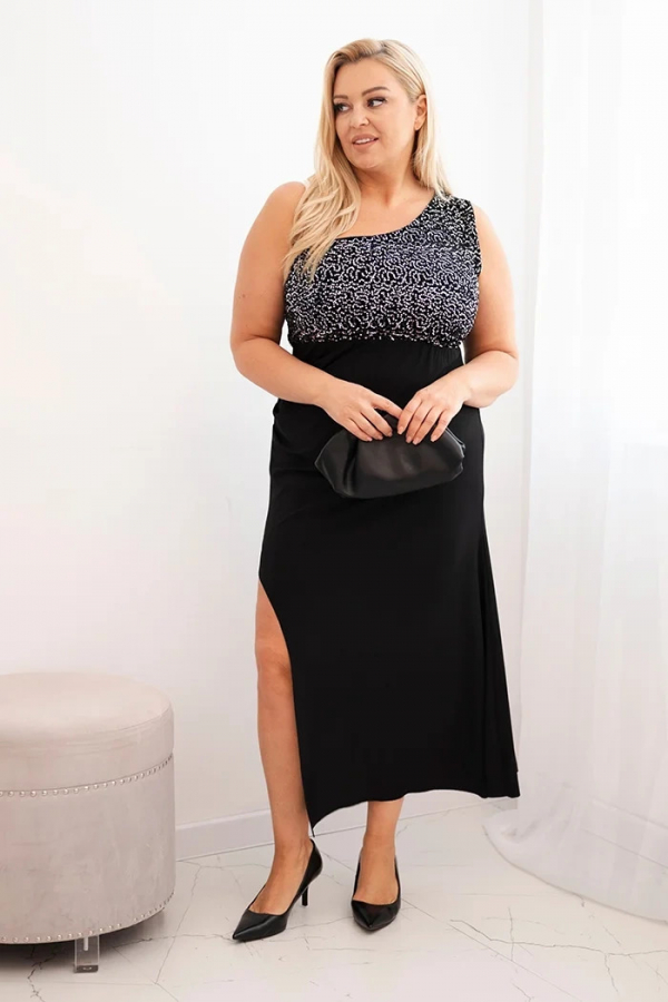 Dámske večerné šaty Plus Size na jedno rameno čierna + strieborná