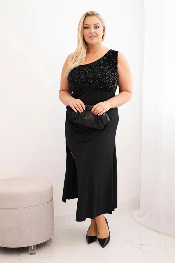 Dámske večerné šaty Plus Size na jedno rameno čierna 