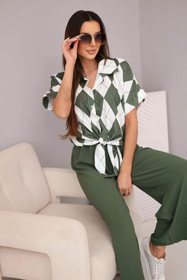 Elegantný viskózový komplet s košeľovou blúzkou s viazaním model AR5634 