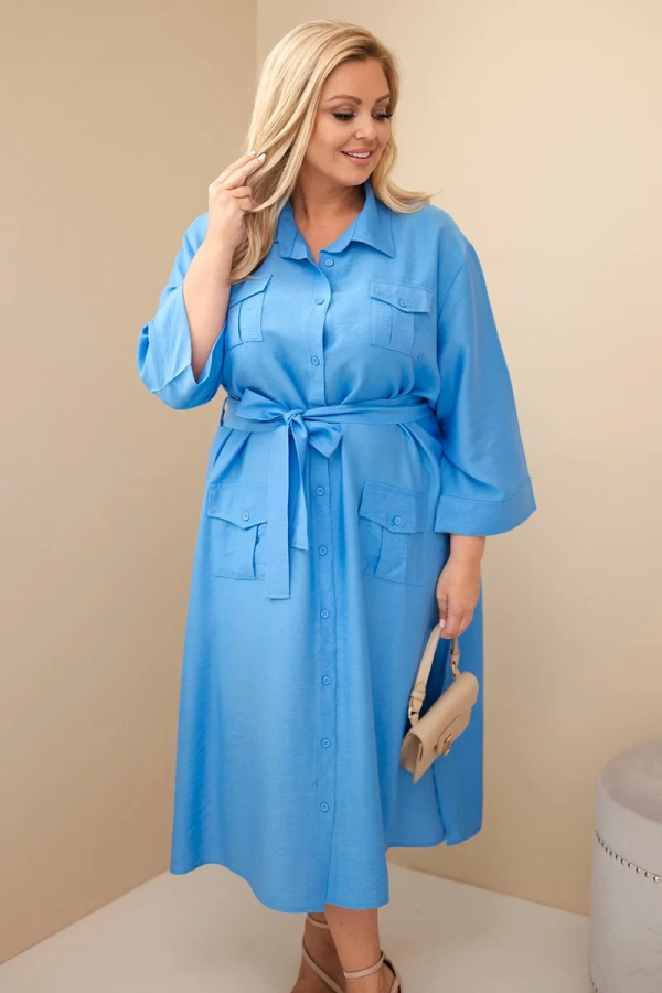 Dámske bavlnené plus size košeľové šaty s opaskom 8080
