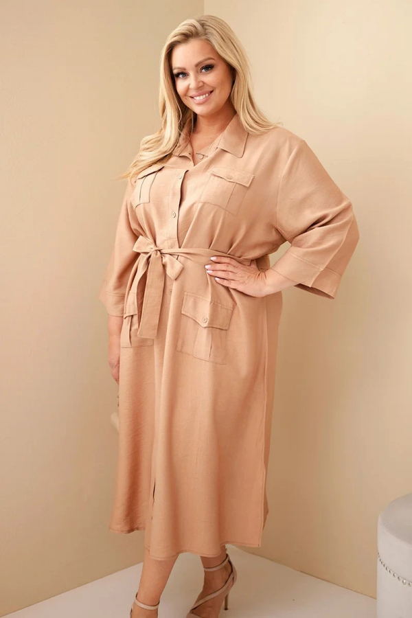 Dámske bavlnené plus size košeľové šaty s opaskom 8080